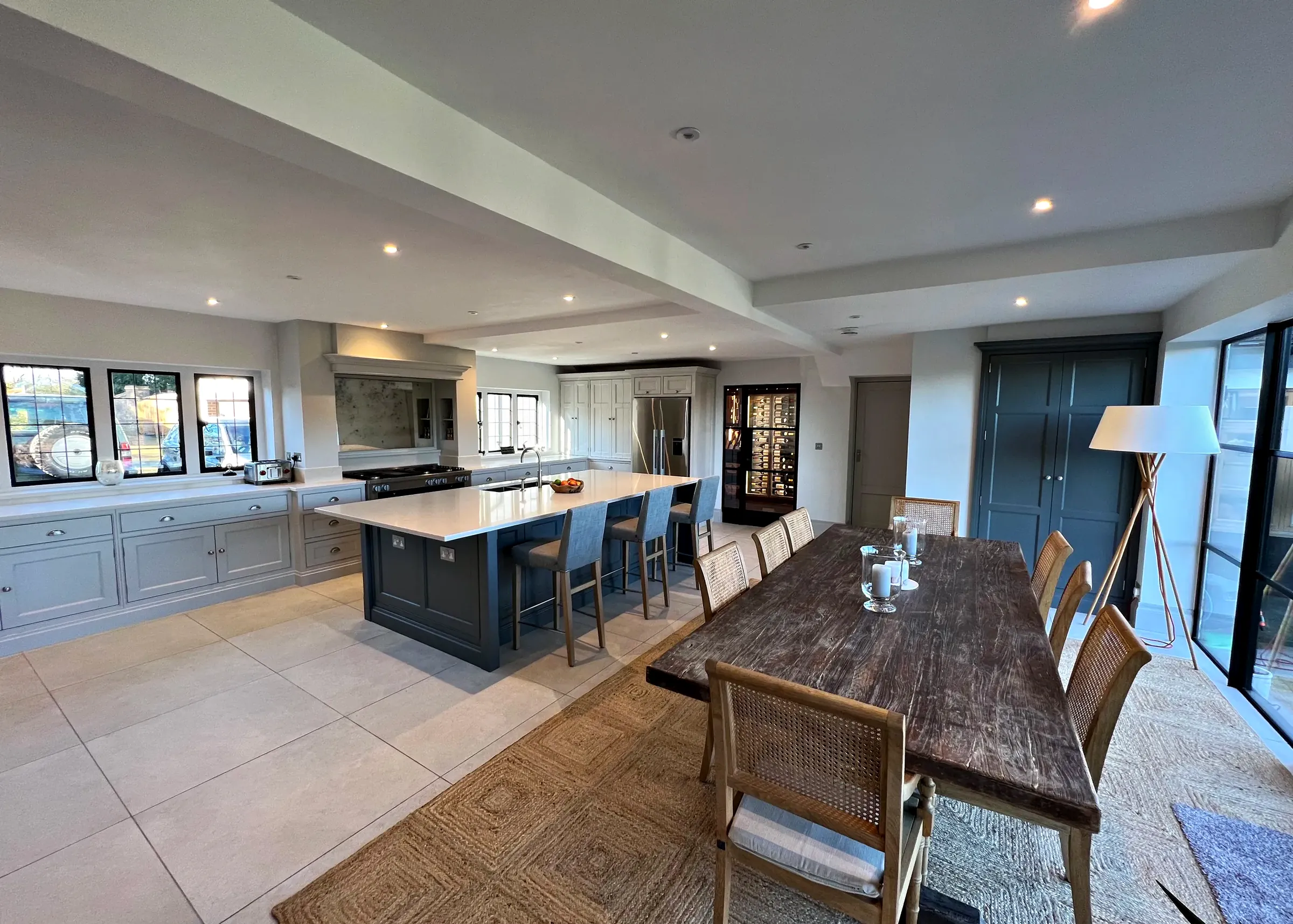 Downend open plan kitchen and dining room with a rustic oak table