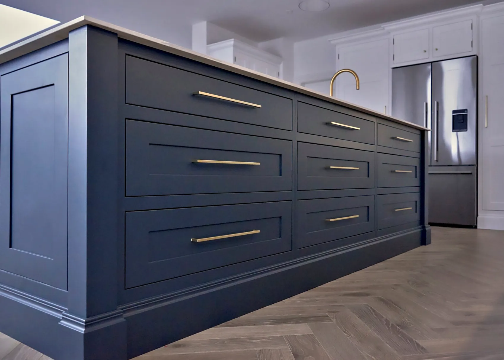 Hague Blue island with brass bar handles on deep pan drawers