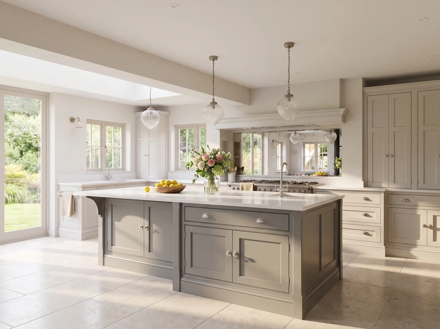 Visualisation of the finished kitchen in afternoon light with flowers and lemons on the island