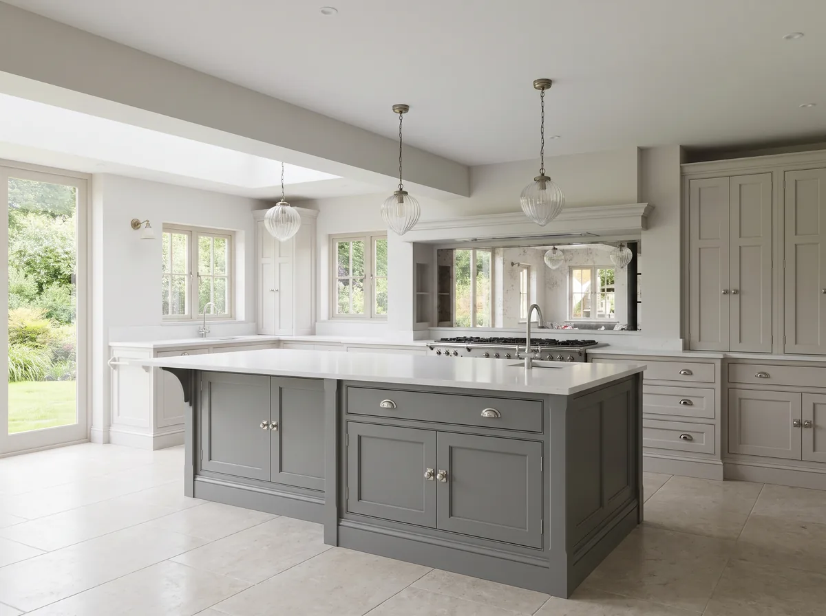 Design visualisation of a painted in frame kitchen with a grey island and ribbed glass pendant lights