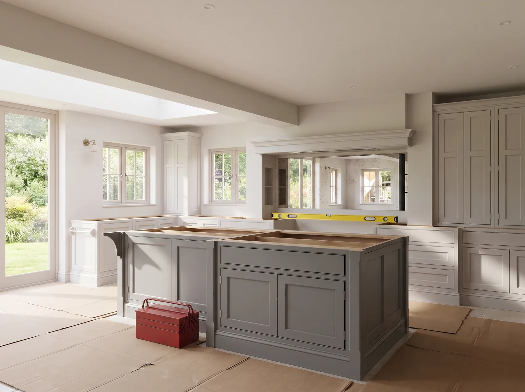 Visualisation of the kitchen being fitted, with the island in place and a spirit level on the units
