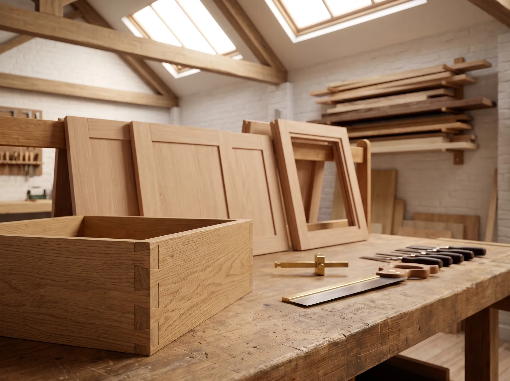 Visualisation of a workshop bench with a dovetailed oak drawer box and shaker doors being made