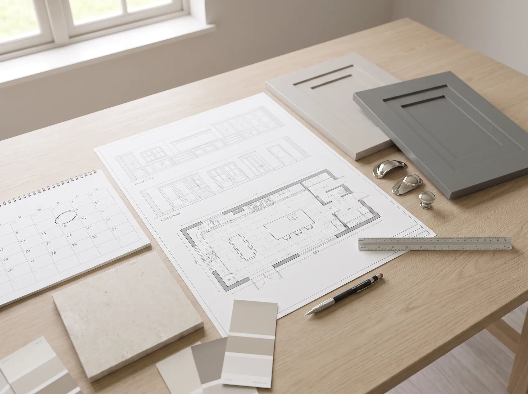 Visualisation of a planning table with kitchen drawings, a calendar, cabinet door samples and handles